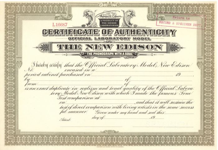 The New Edison - Certificate of Authenticity