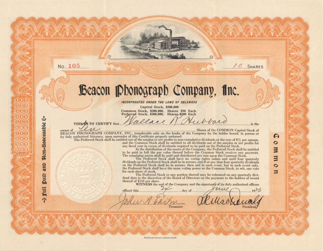 Beacon Phonograph Company, Inc.-  1920 dated Stock Certificate