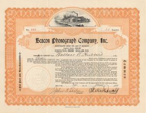 Beacon Phonograph Company, Inc.-  1920 dated Stock Certificate