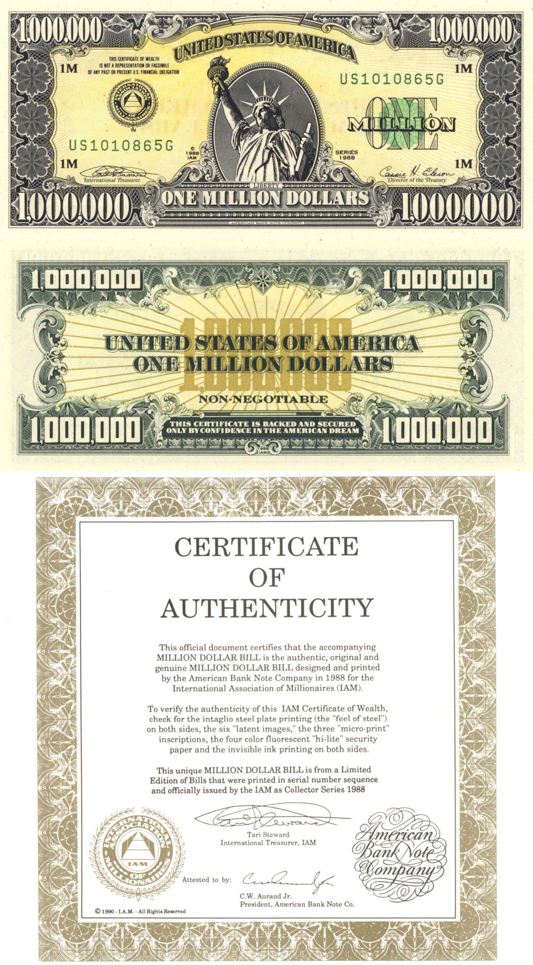$1,000,000 Note - 1988 dated Million Dollar Bill Novelty made by American Banknote Co. - Authentication Included