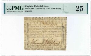 Virginia Colonial Note FR#VA-195 October 16, 1780 $400/£120 PMG Graded 25