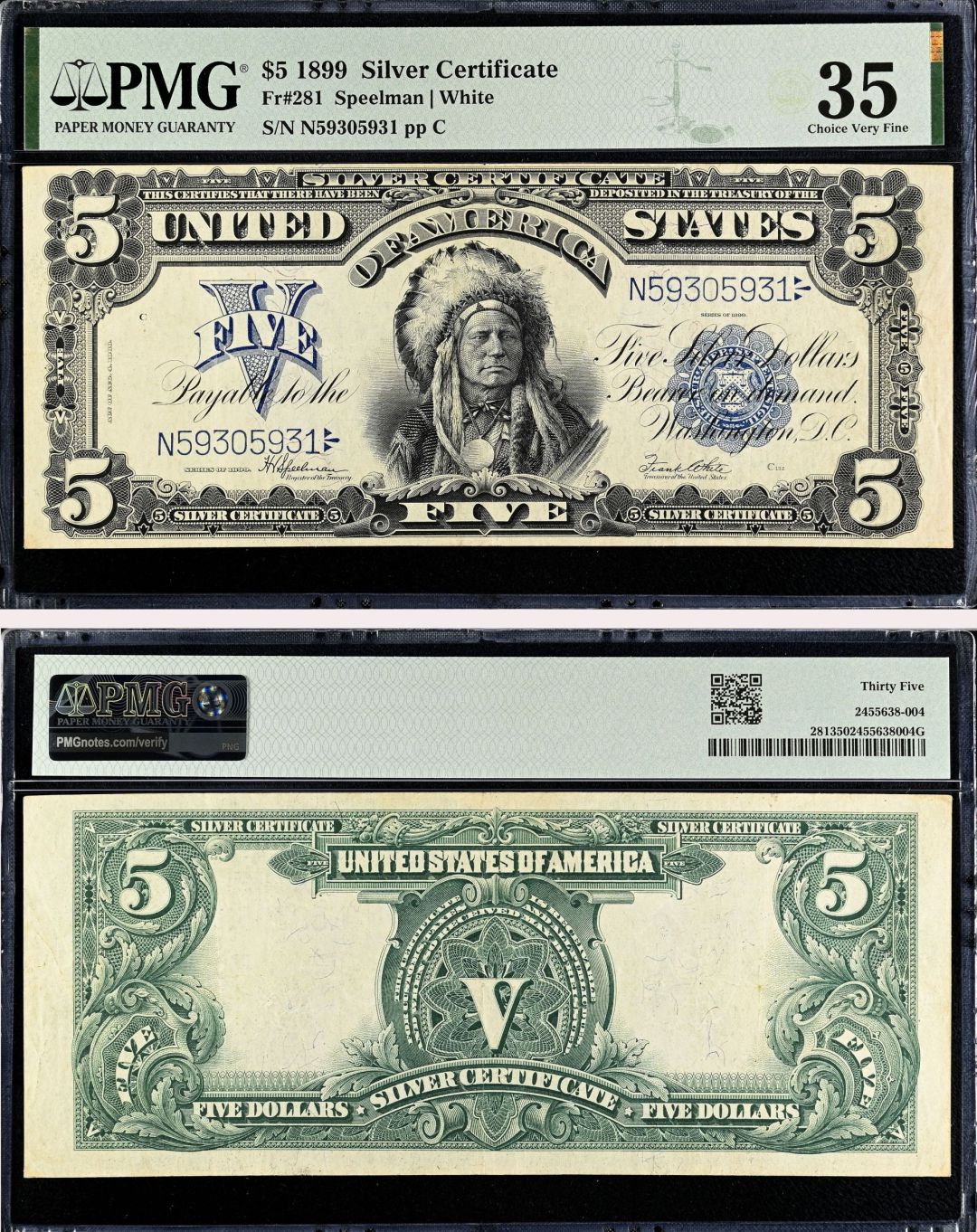 5 Dollars Large Size Note - FR. 281 - 1899 dated Legal Tender - PMG Grade 35 - United States Paper Money