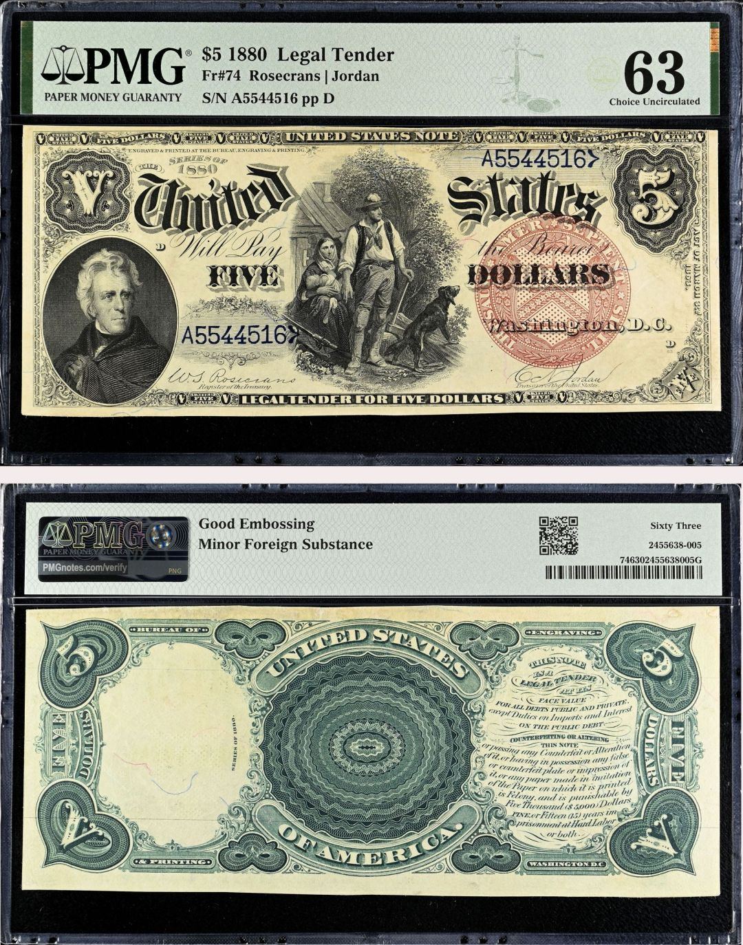 5 Dollars Large Size Note - FR. 74 - 1880 dated Legal Tender - PMG Grade 63 - United States Paper Money