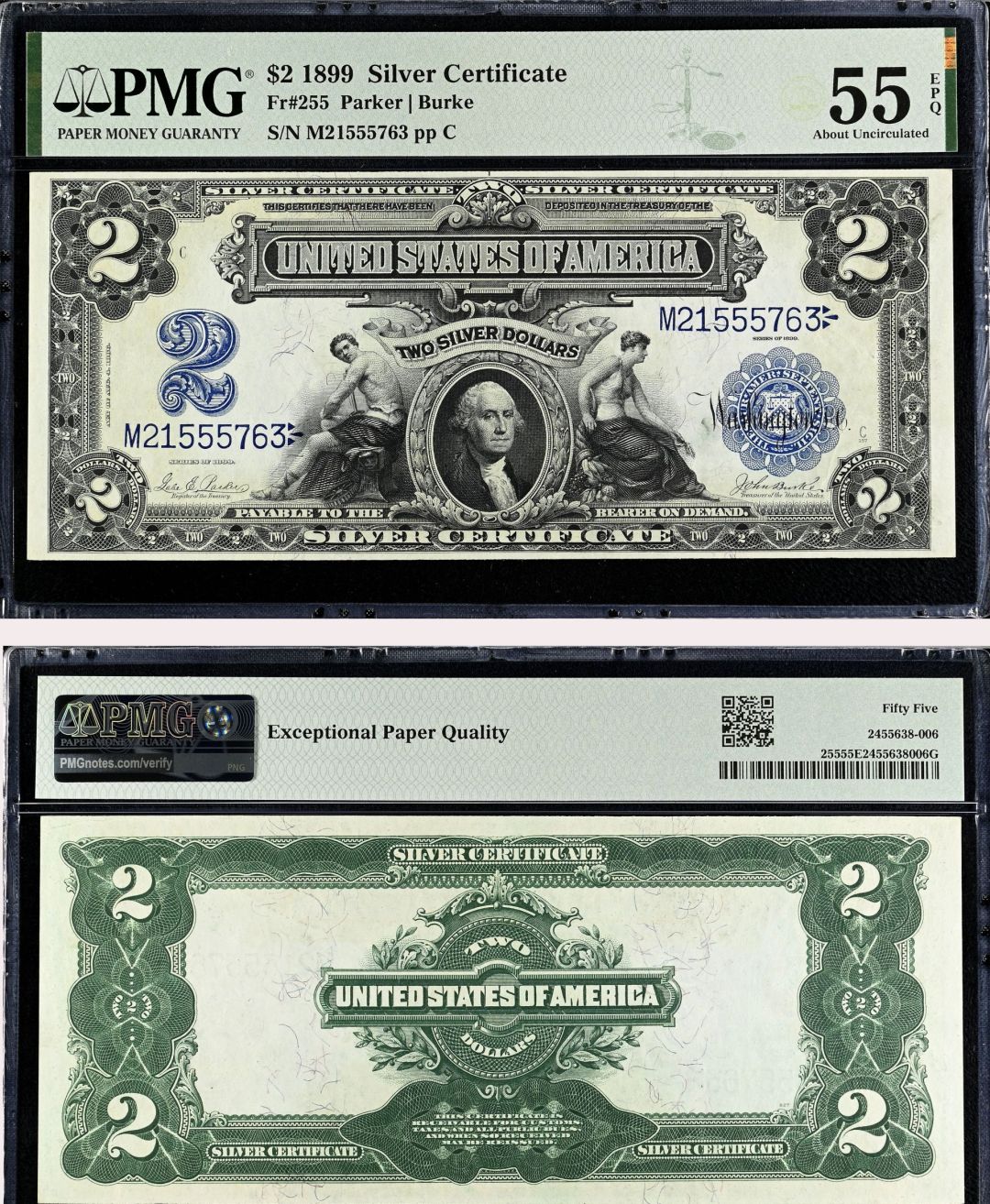 2 Dollars Large Size Note - FR. 255 - 1899 dated Silver Certificate - PMG Grade 55 - United States Paper Money
