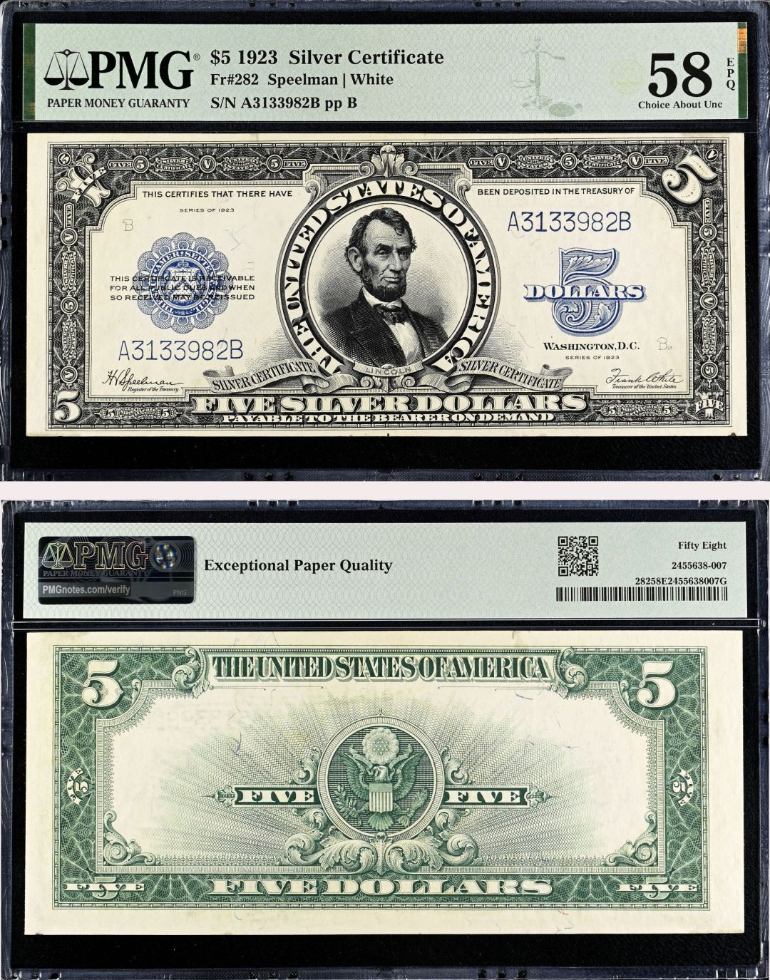 5 Dollars Large Size Note - FR. 282 - 1923 dated Silver Certificate - PMG Grade 58 - United States Paper Money