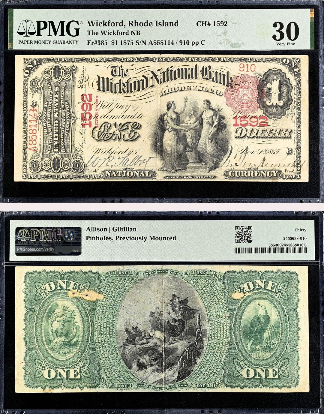 1 Dollar Large Size Note - FR. 385 - 1875 dated Wickford National Bank - PMG Grade 30 - Pinholes Previously Mounted - United States Paper Money