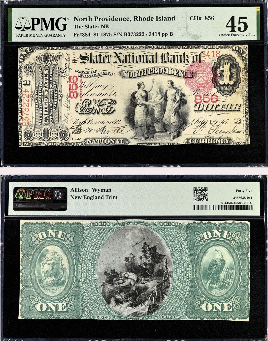 1 Dollar Large Size Note - FR. 384 - 1875 dated State National Bank of North Providence - PMG Grade 45 - United States Paper Money