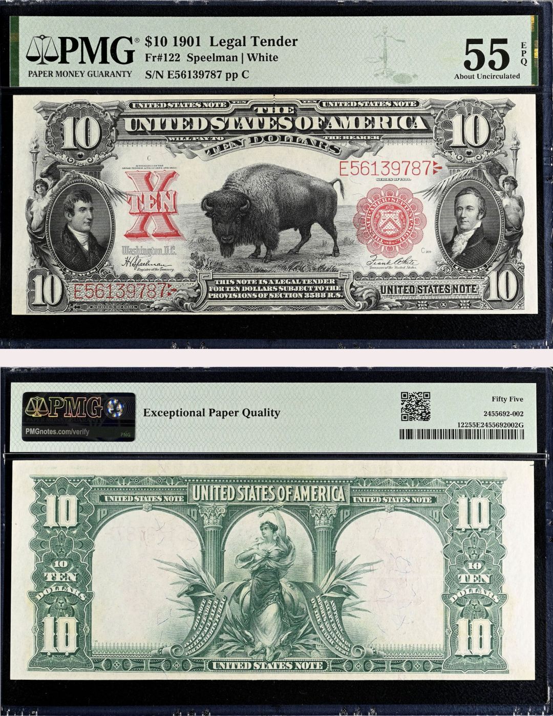 10 Dollars Large Size Note - FR. 122 - 1901 dated Legal Tender - PMG Grade 55 - United States Paper Money