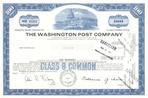 Washington Post Co. - 1971 dated Issued Stock Certificate - Very Historic Co.