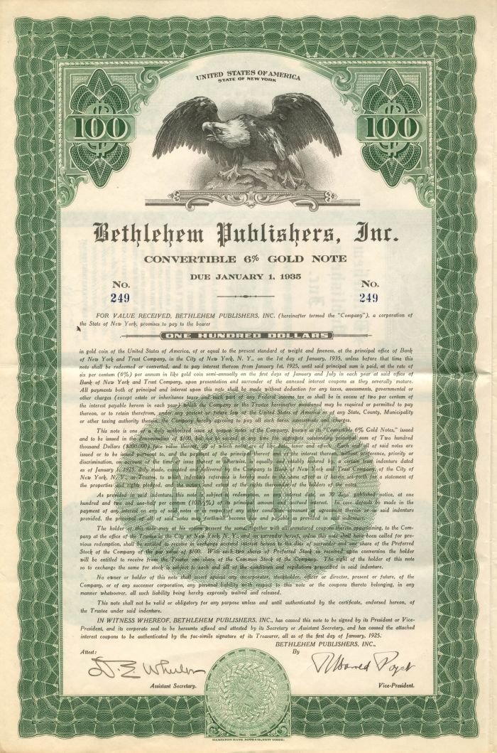 Bethlehem Publishers, Inc. - $100 - Bond (Uncanceled)