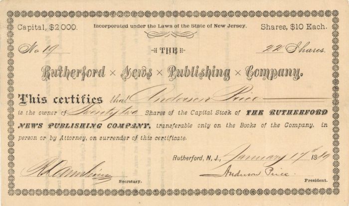 Rutherford News Publishing Co. - Stock Certificate