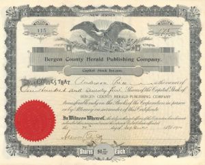 Bergen County Herald Publishing Co. - Stock Certificate