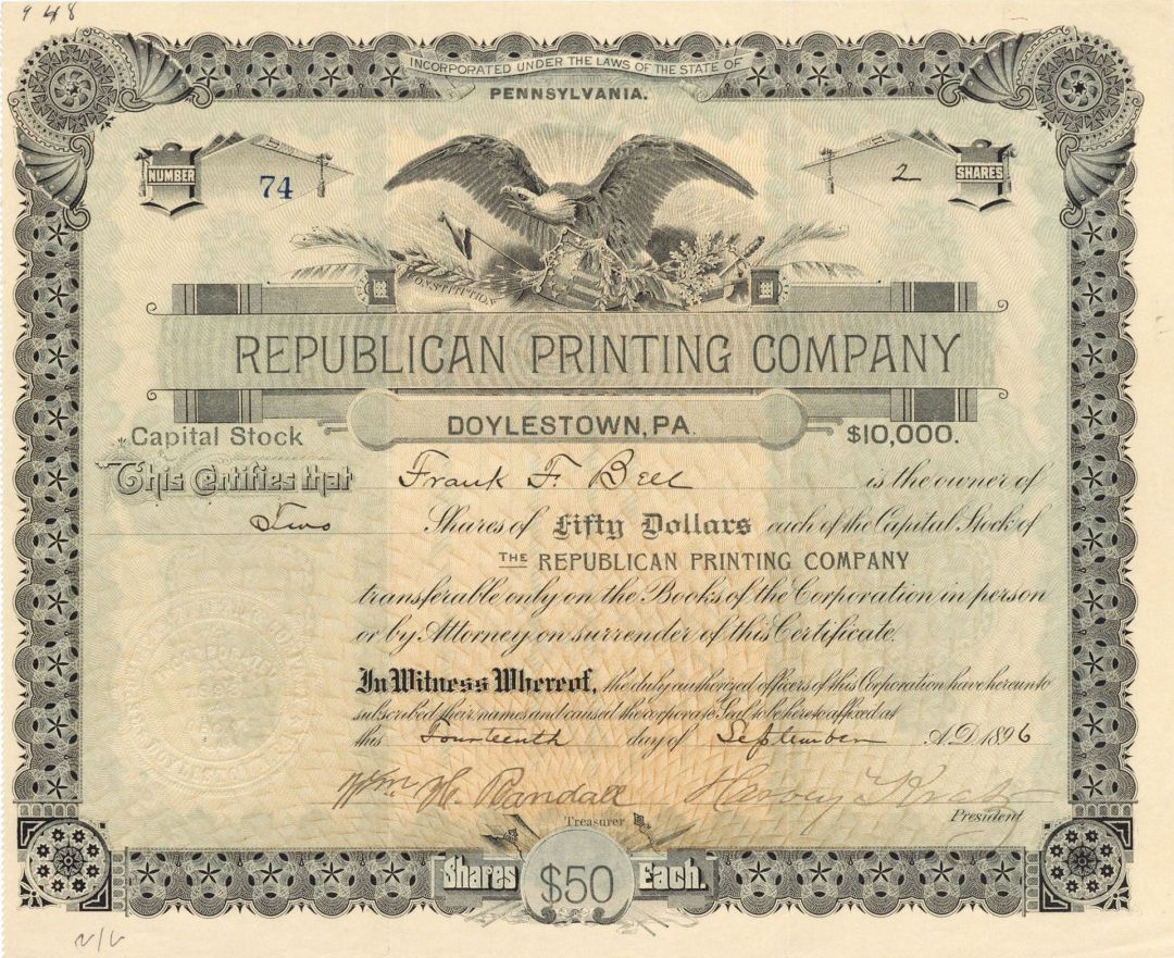 Republican Printing Co. - Stock Certificate