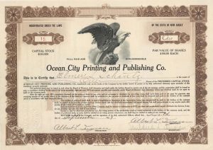 Ocean City Printing and Publishing Co. - 1924 dated Stock Certificate