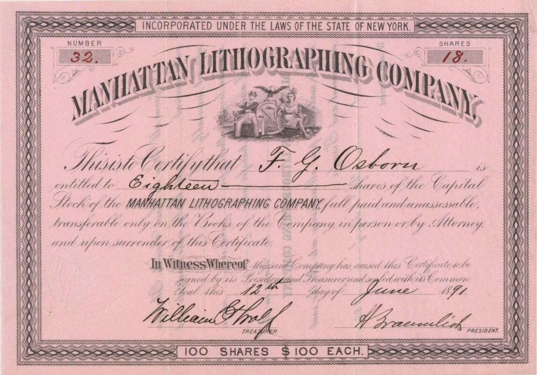Manhattan Lithographing Co. - 1891 dated Stock Certificate