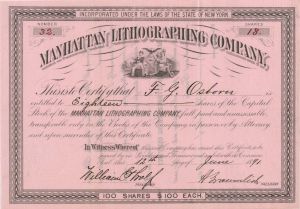 Manhattan Lithographing Co. - 1891 dated Stock Certificate