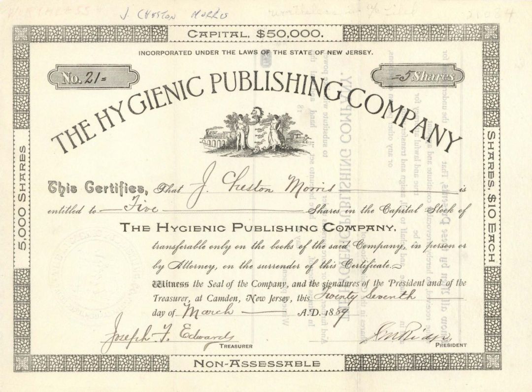 Hygienic Publishing Co. - 1889 dated Stock Certificate