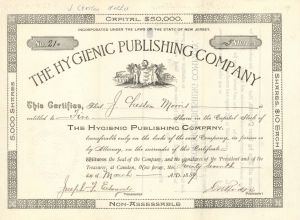 Hygienic Publishing Co. - 1889 dated Stock Certificate