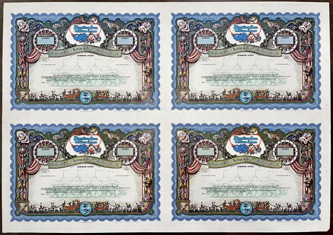 Ringling Bros. Sheet of 4 Proof Certificates - Multicolored Proof Circus Stock Certificates