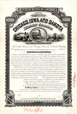 Chicago, Iowa and Dakota Railway Co. - Railroad Bond Proof