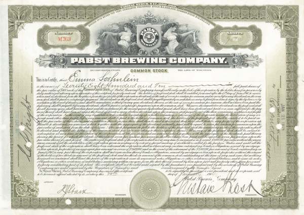 Gustave Pabst - Pabst Brewing Co. - Stock Certificate