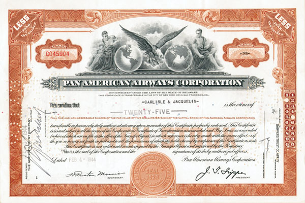 Pan American Airways Corporation - Aviation Stock Certificate