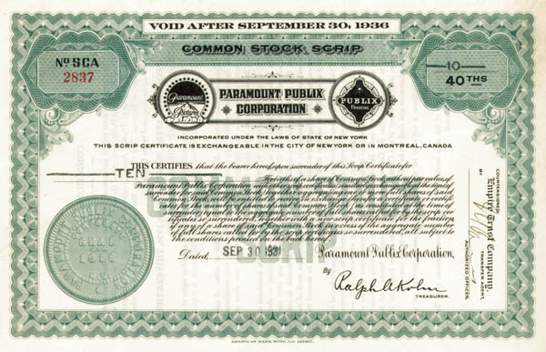 Paramount Publix Corp - Stock Certificate
