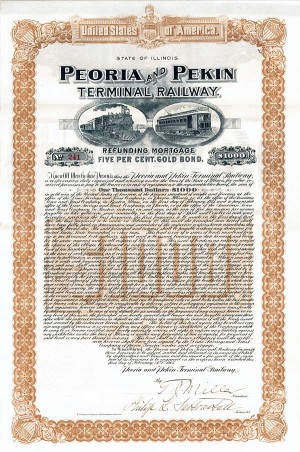 Peoria and Pekin Terminal Railway - Bond (Uncanceled)