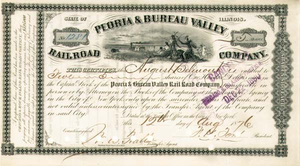 August Belmont - Peoria and Bureau Valley Railroad - Stock Certificate