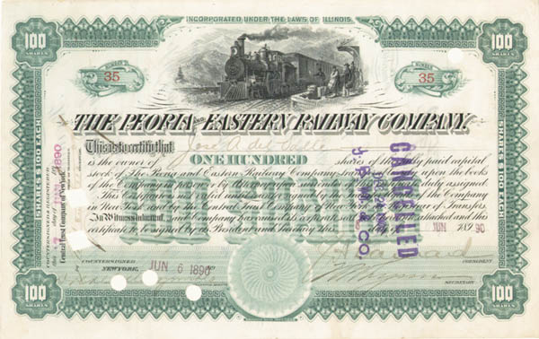 Peoria and Eastern Railway Co. - Stock Certificate