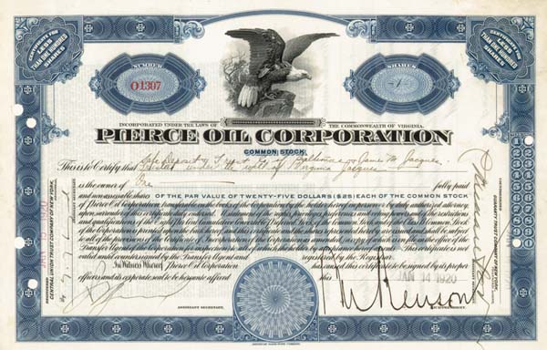 Pierce Oil Corporation - Stock Certificate