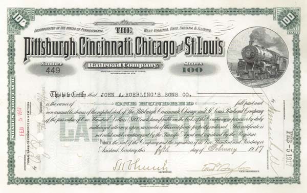 Karl G. Roebling - Pittsburgh, Cincinnati, Chicago and St. Louis Railroad - Stock Certificate