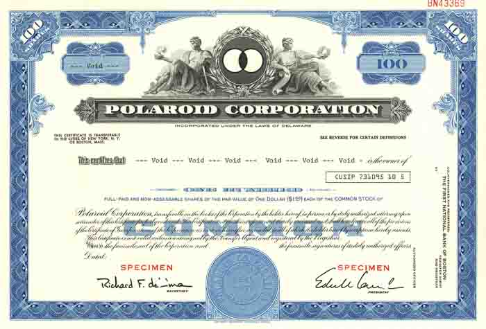 Polaroid Corporation - Specimen - Stock Certificate