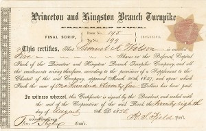 Princeton and Kingston Branch Turnpike - Stock Certificate