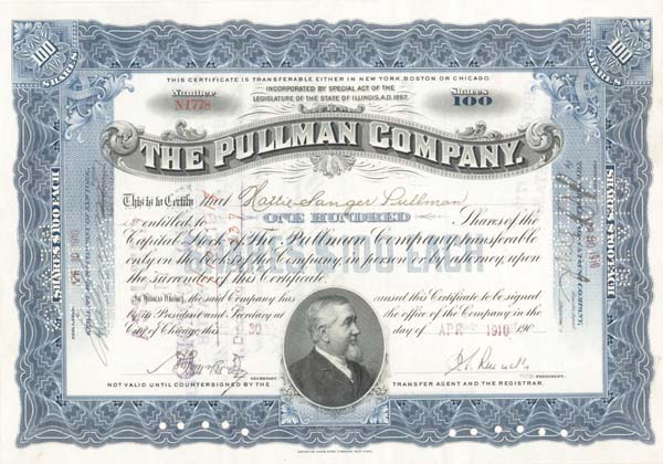 Hattie Sanger Pullman - Pullman Co - Stock Certificate