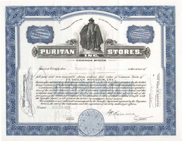 Puritan Stores, Inc. - Stock Certificate (Uncanceled)