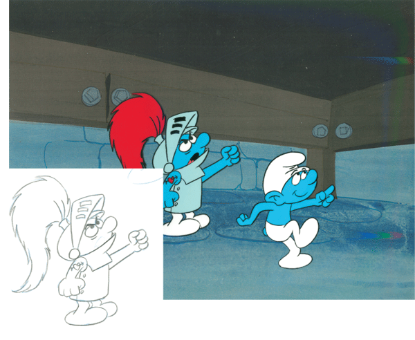 Hefty and Dreamy Smurf - Authentic Animation Cel - Americana