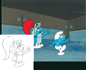 Hefty and Dreamy Smurf - Authentic Animation Cel - Americana