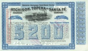 Atchison, Topeka and Santa Fe Railroad Co. - dated 1894 $200 Blue Type But have many other Various Denominations Bonds