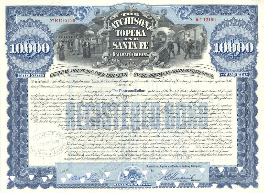 Atchison, Topeka and Santa Fe Railway - 1970's dated Gorgeous $10,000 New Mexico Railroad Bond