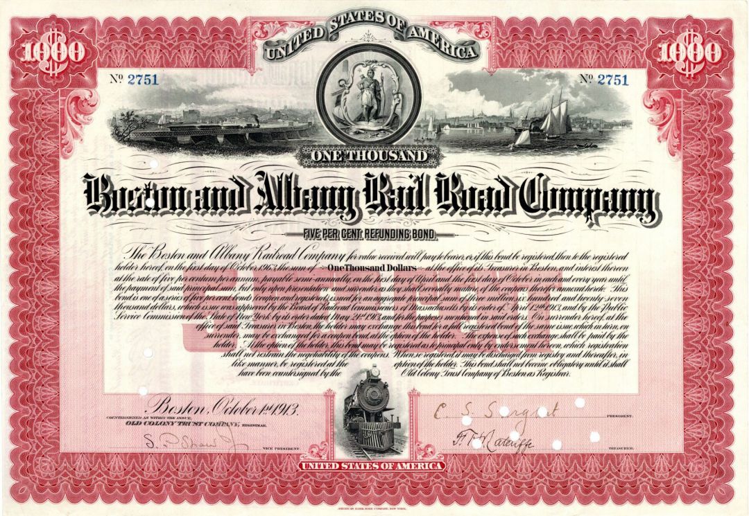 Boston and Albany Railroad Co. - 1913 dated $1,000 Railway Bond