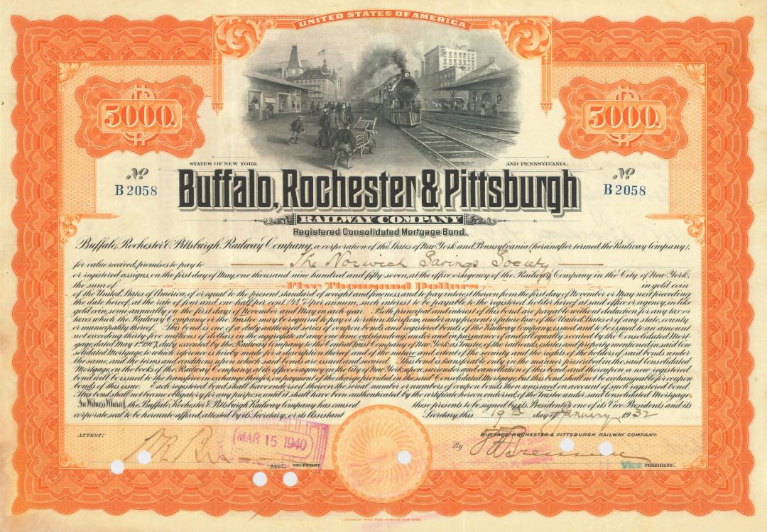 Buffalo, Rochester and Pittsburgh Railway Co. - 1900's-30's dated $5,000 Railroad Mortgage Bond