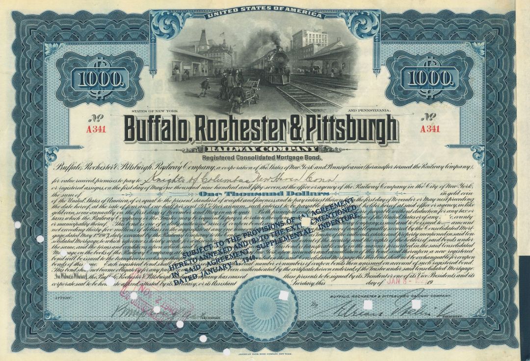 Buffalo, Rochester and Pittsburgh Railway Co. - 1900's-30's dated $1,000 Railroad Bond