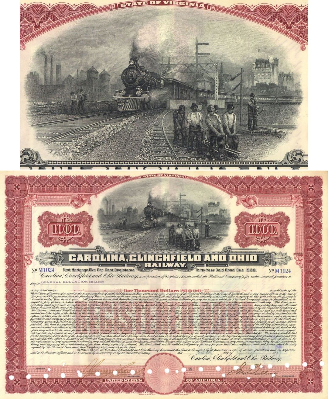 Carolina Clinchfield and Ohio Railway Co. - 1910-20's dated $1,000 North Carolina Railroad Bond