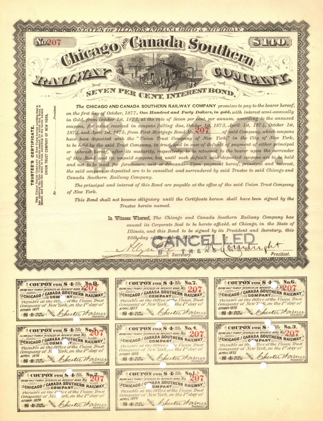 Chicago and Canada Southern Railway - 1873 dated $140 Railroad Bond