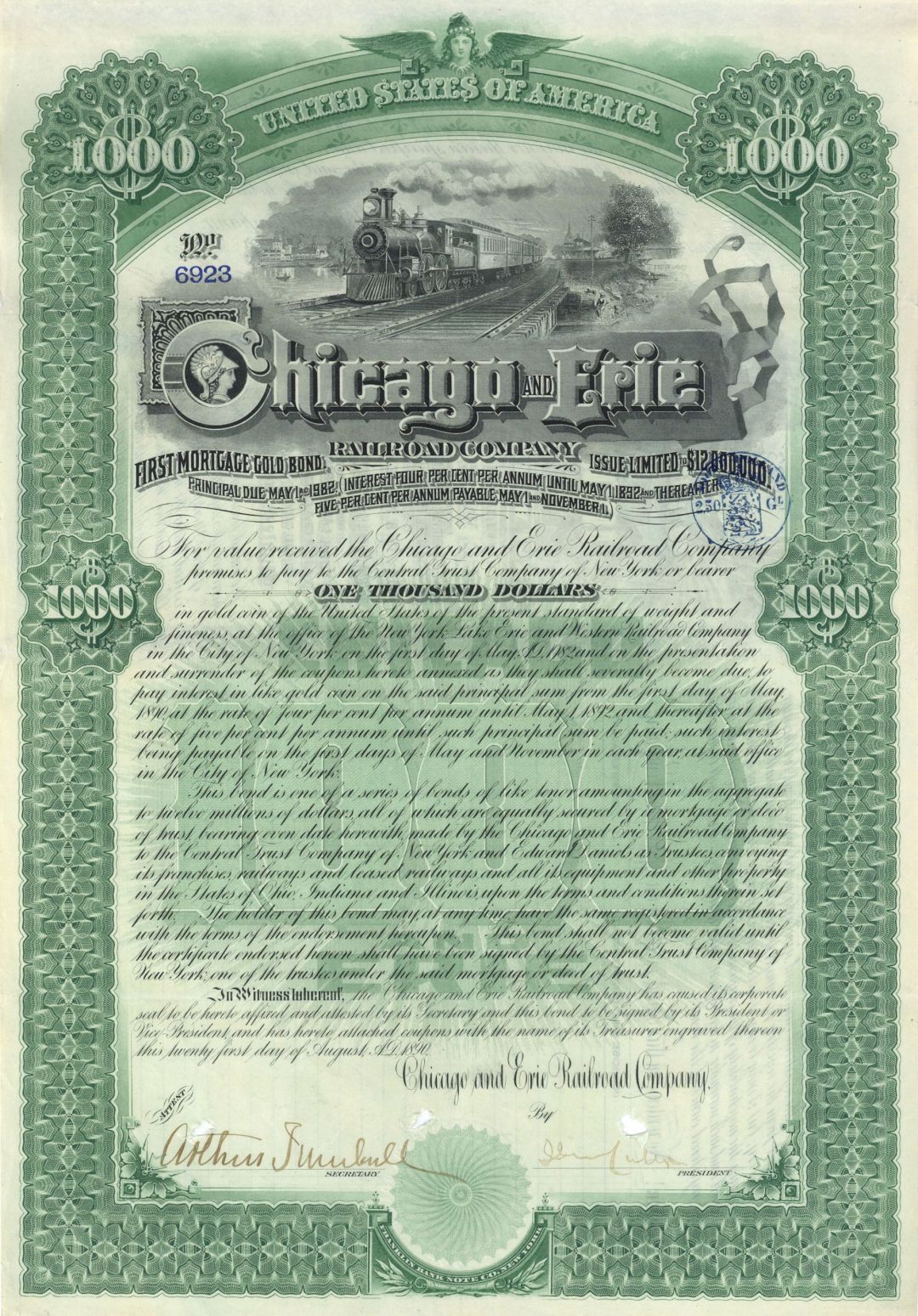 Chicago and Erie Railroad Co. - 1890 dated $1,000 Railway Gold Bond - Also Known as the Chicago and Atlantic Railroad