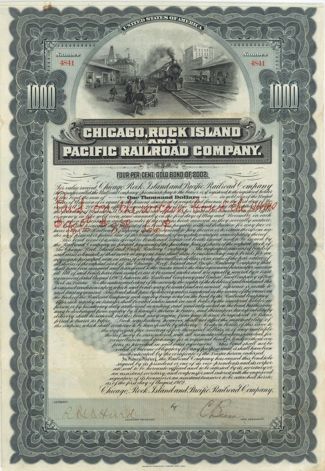 Chicago, Rock Island and Pacific Railroad Co. - $1,000 Bond (Uncanceled)