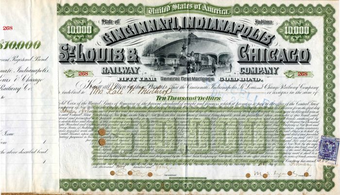 Cincinnati, Indianapolis, St. Louis & Chicago Railway Company - $10,000Bond