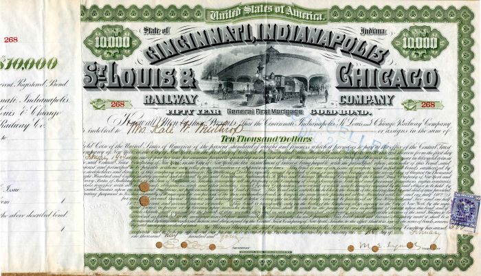 Cincinnati, Indianapolis, St. Louis and Chicago Railway Co. - $10,000 Railroad Bond