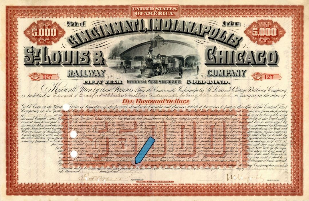 Cincinnati, Indianapolis, St. Louis and Chicago Railway Co. - $5,000 Railroad Bond dated in Error 1992 instead of 1902